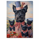 Mother Scottish Terrier and Three Puppies Wearing Patriotic Outfits by a Lake with Sailboat and American Flags on Ready to Hang 1.5" Thick Canvas Wrap, Floating Framed Canvas, Flat Rolled Canvas